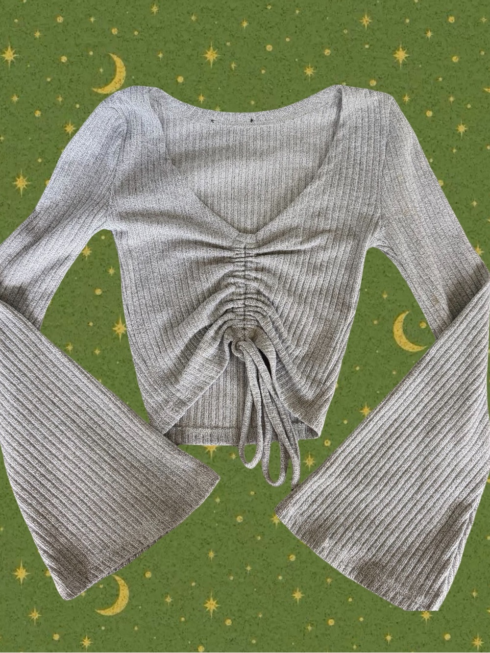 Ribbed Cinch-Front Long Sleeve Top - Light Gray